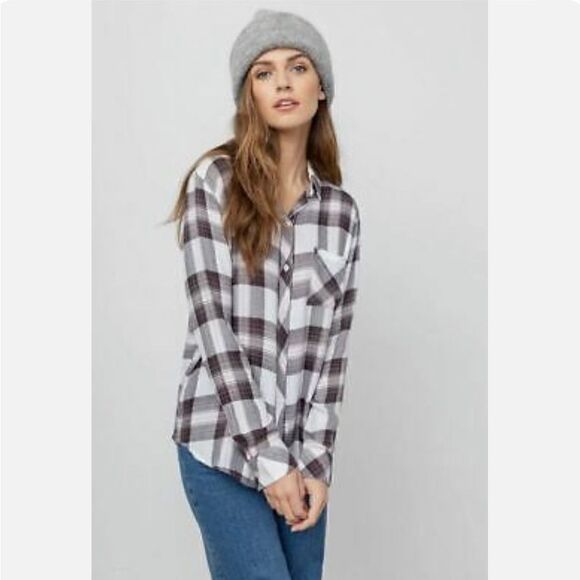 RAILS Hunter plaid Shirt White Grey Peach button down long sleeve top - Picture 1 of 13